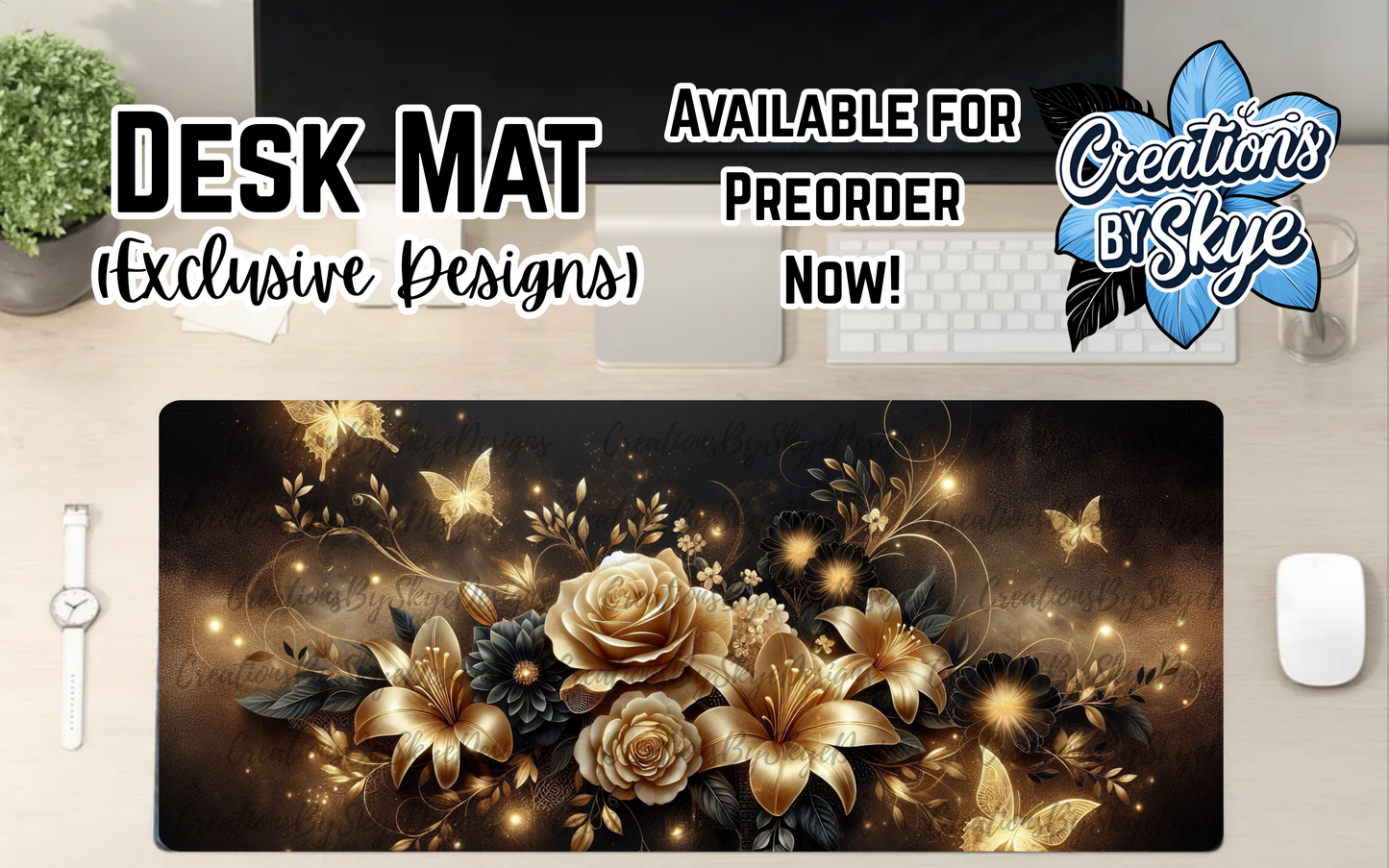 Black & Gold Floral Desk Mat 90cmx40cm