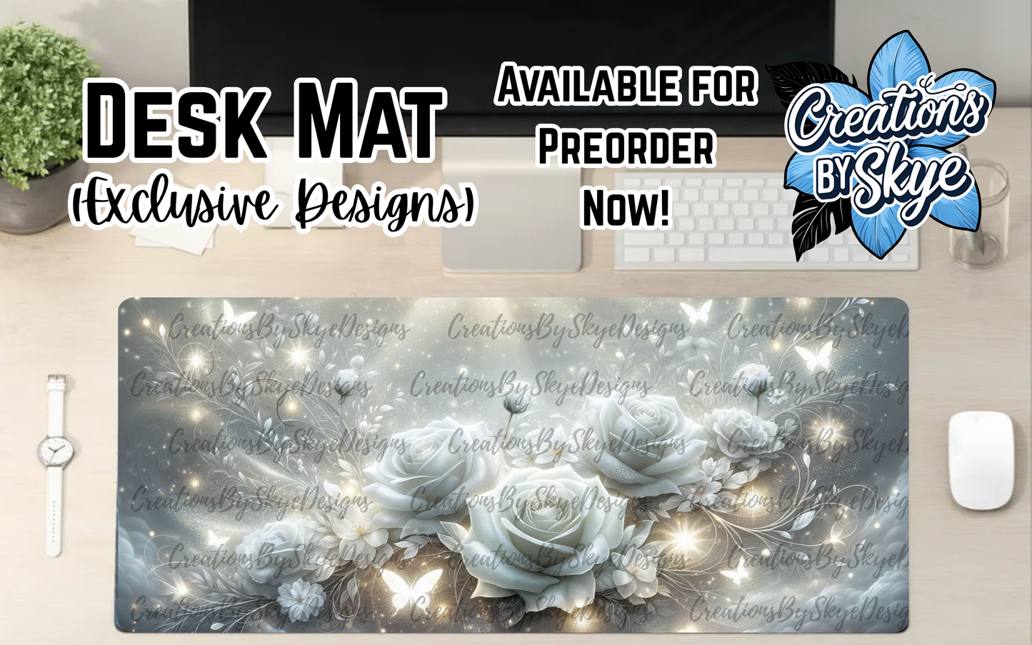 White Floral Desk Mat 90cmx40cm
