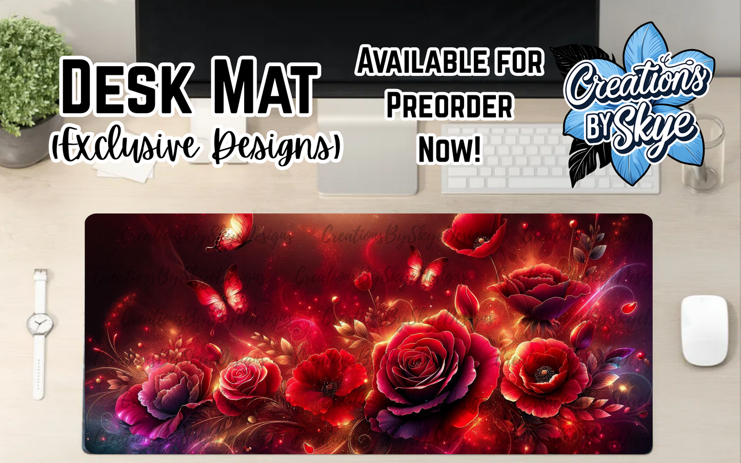Red Floral Desk Mat 90cmx40cm