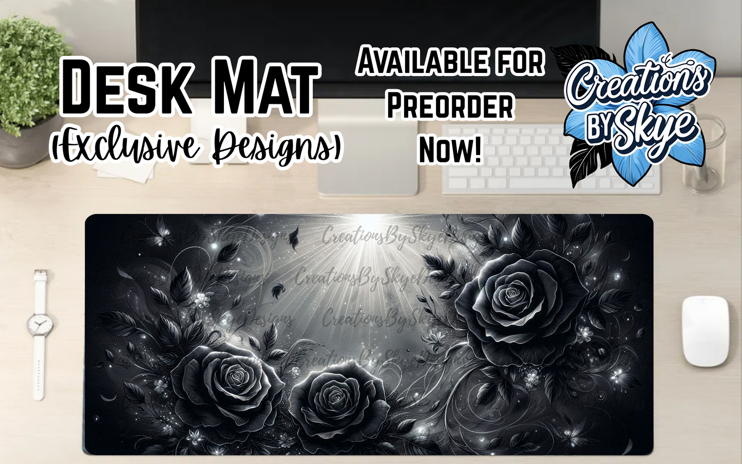 Black Floral Desk Mat 90cmx40cm