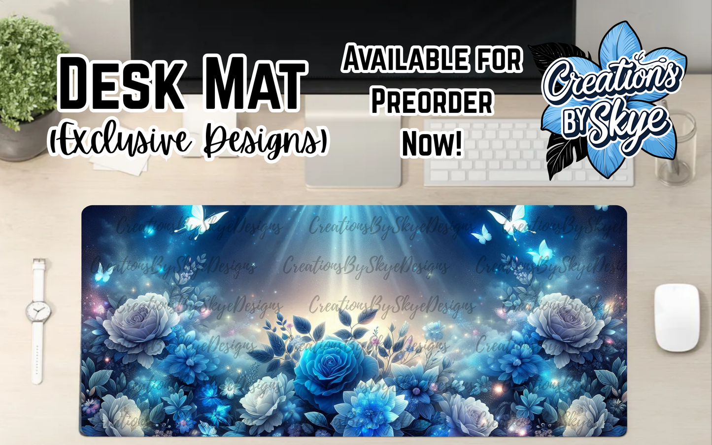 Ocean Blue Floral Desk Mat 90cmx40cmc