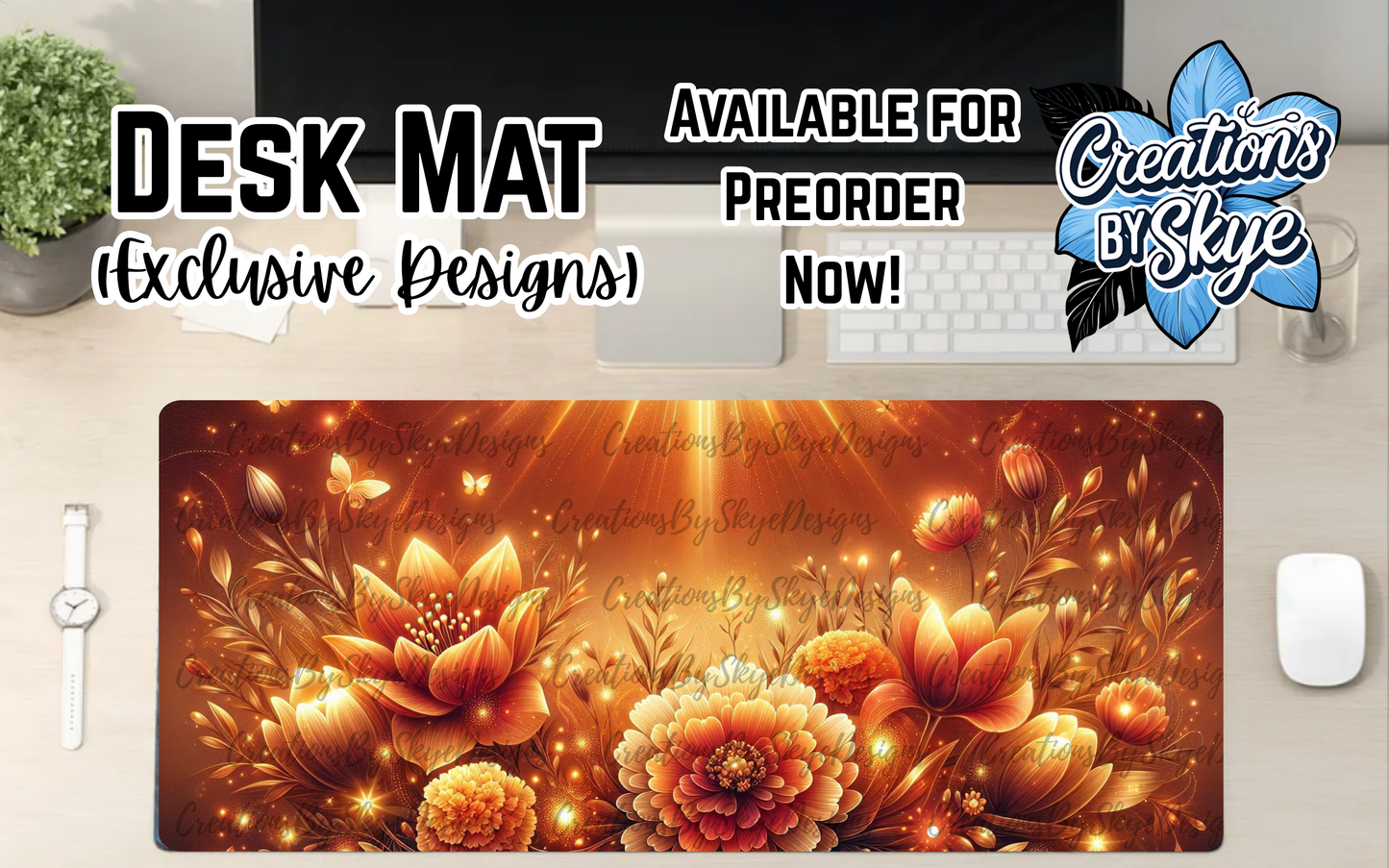 Orange Floral Desk Mat 90cmx40cm