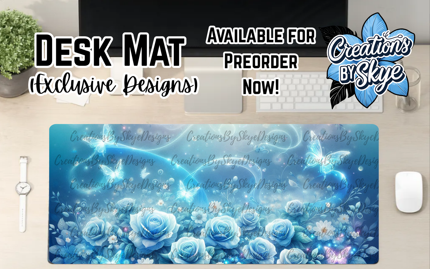 Light Blue Floral Desk Mat 90cmx40cm
