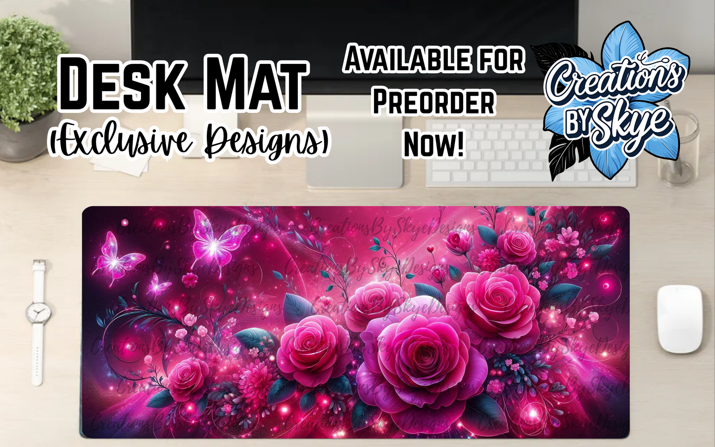 Hot Pink Floral Desk Mat 90cmx40cm