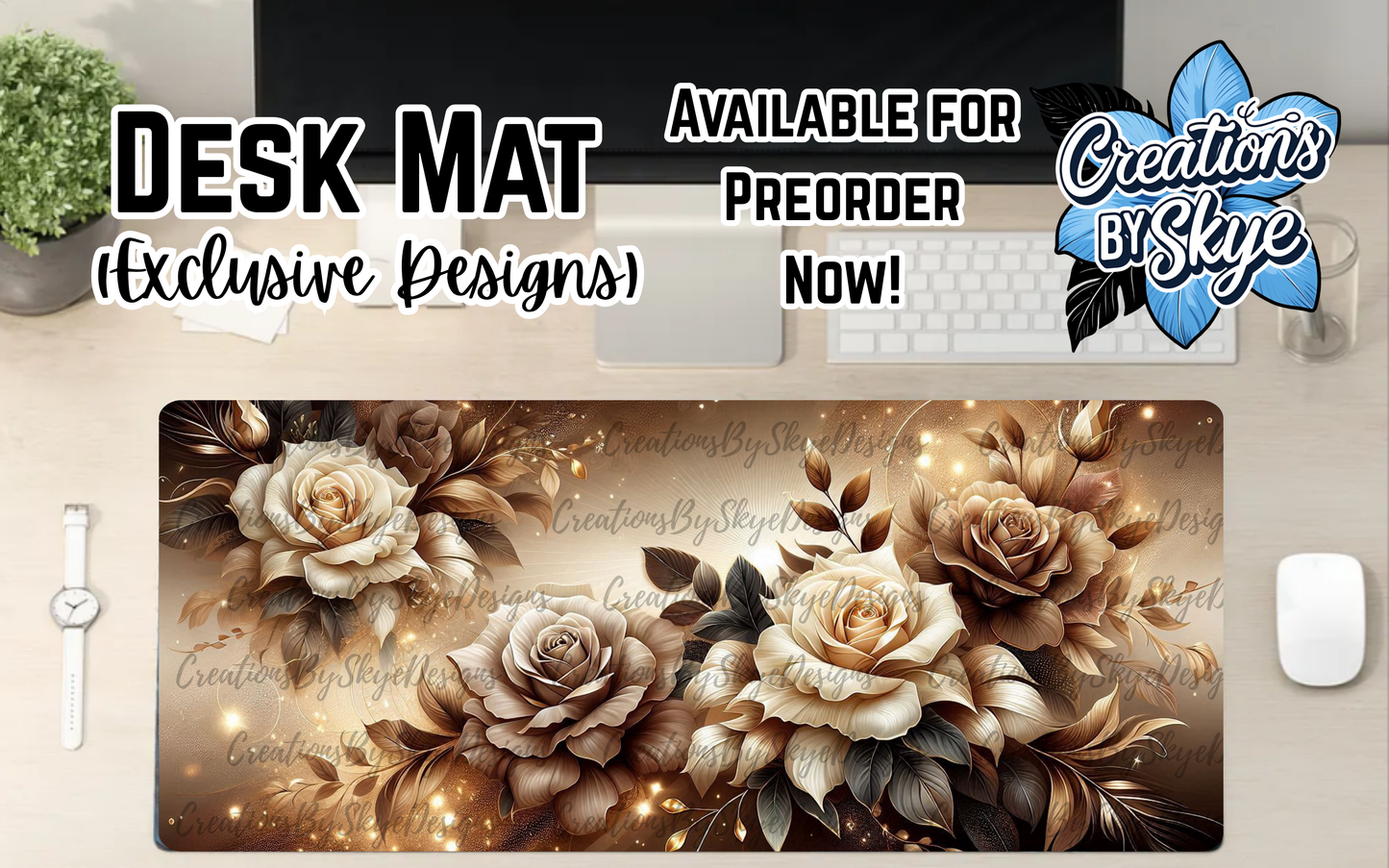 Beige Floral Desk Mat 90cmx40cm