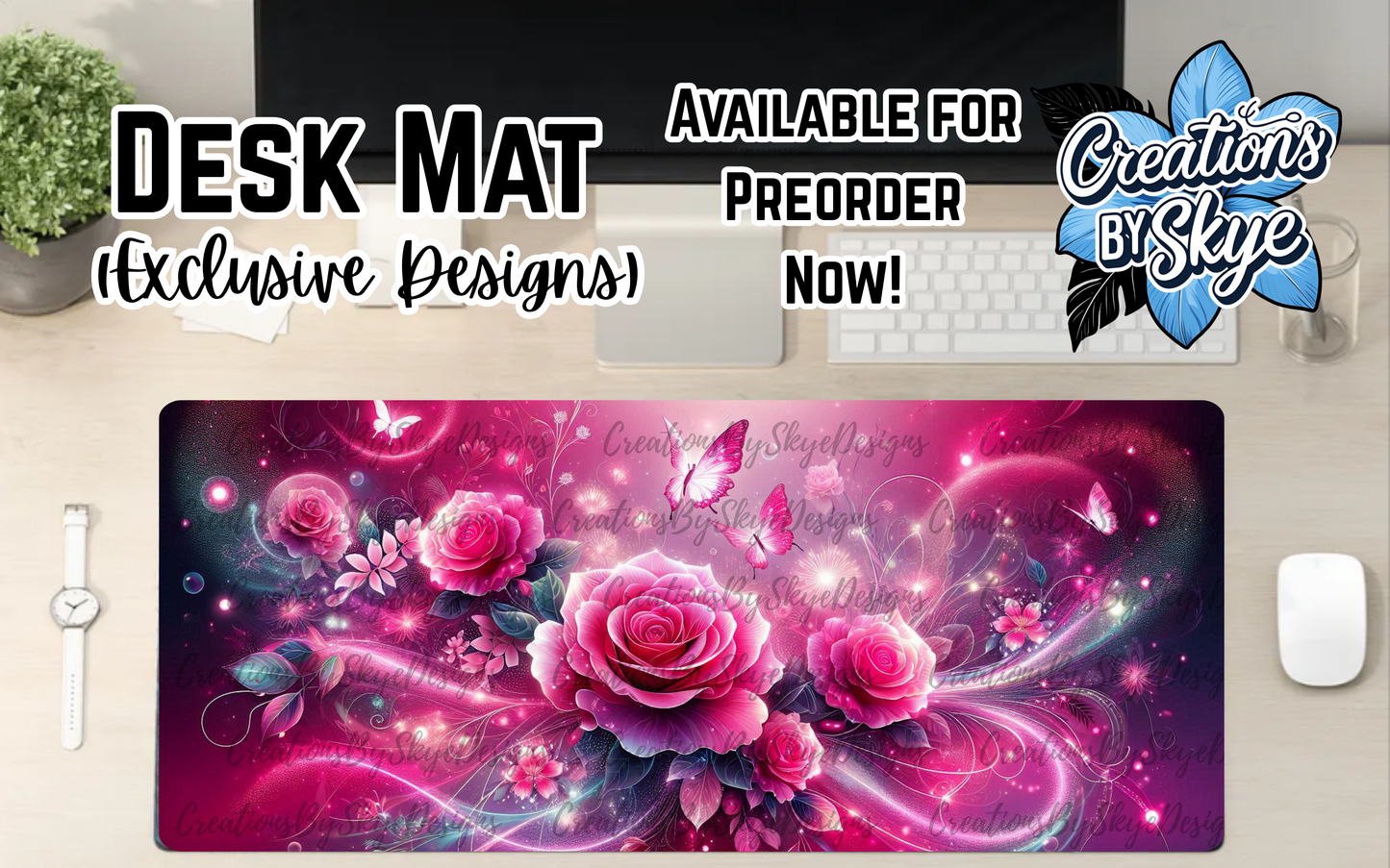 Hot Pink Floral Desk Mat 90cmx40cm