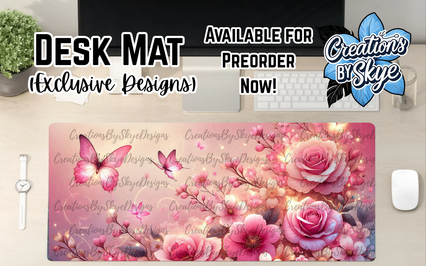 Light Pink Floral Desk Mat 90cmx40cm