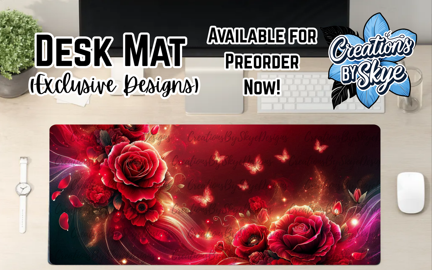 Red Floral Desk Mat 90cmx40cm