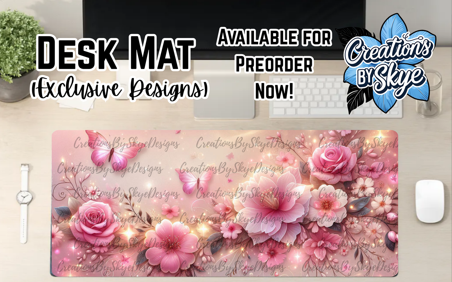 Light Pink Floral Desk Mat 90cmx40cm