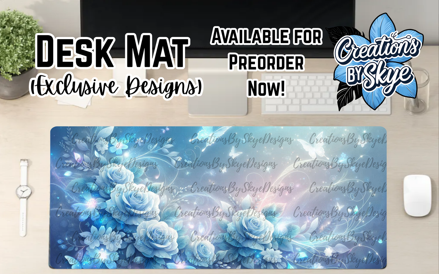 Light Blue Floral Desk Mat 90cmx40cm